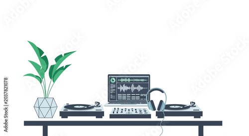 Quadro em tela DJ setup with turntables, laptop, and headphones on a desk with a plant