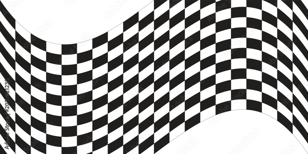 Naklejka premium Abstract white background with a dynamic waving black and white checkered flag pattern. Modern geometric chess grid texture with fluid distortion for racing and automotive banners.