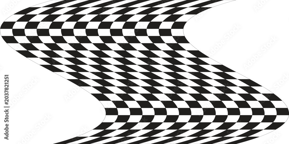 Naklejka premium Abstract white background with a dynamic waving black and white checkered flag pattern. Modern geometric chess grid texture with fluid distortion for racing and automotive banners.