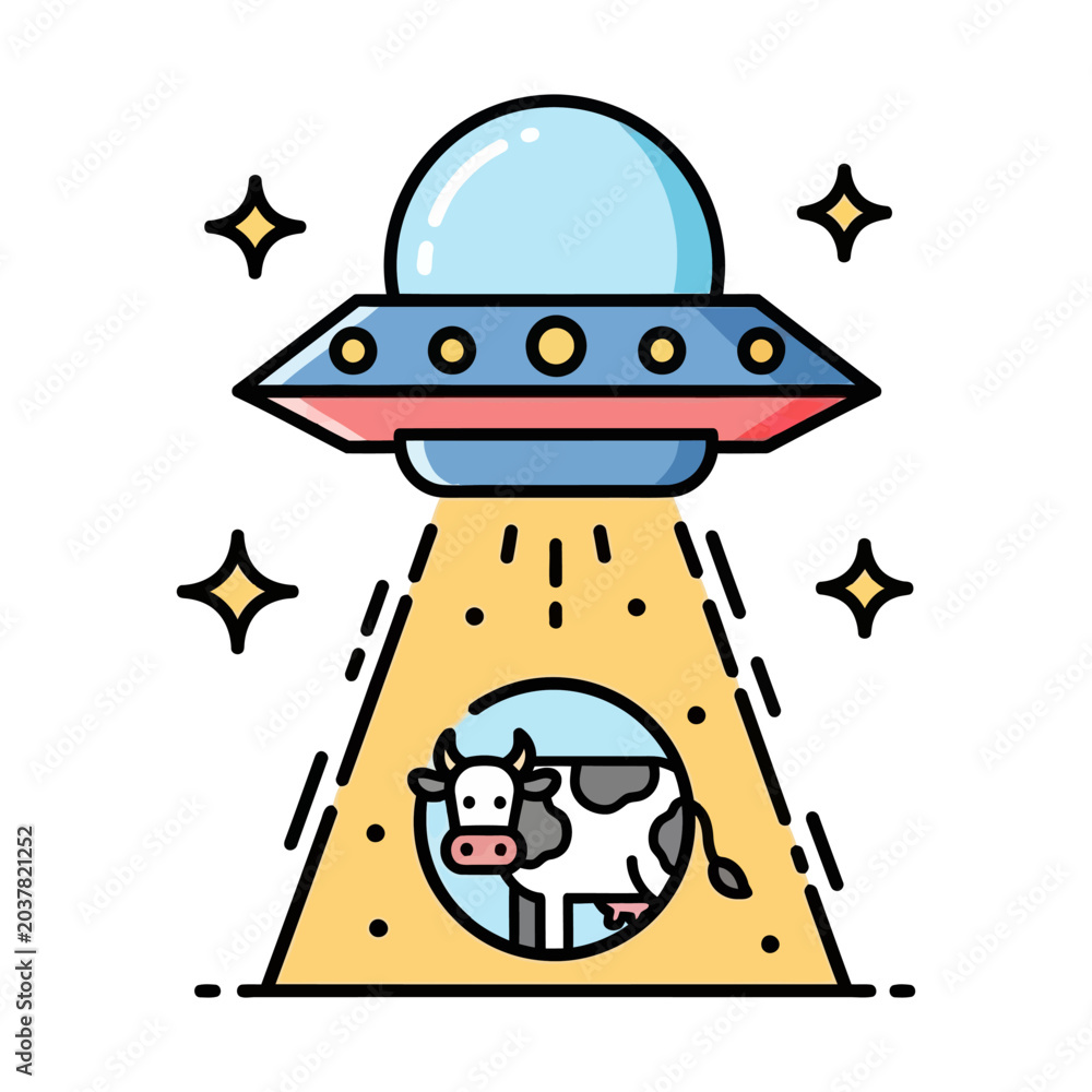 Fototapeta premium UFO flying saucer abducting a cow with tractor beam light and stars vector illustration for science fiction and humor themes