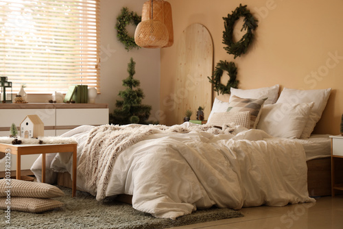 Interior of bedroom with ta...