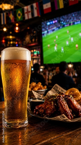 A frosty glass of lager beer on a wooden table in a lively sports bar, with delicious pub food like chicken wings and onion rings, against a blurred big screen showing a soccer match.
