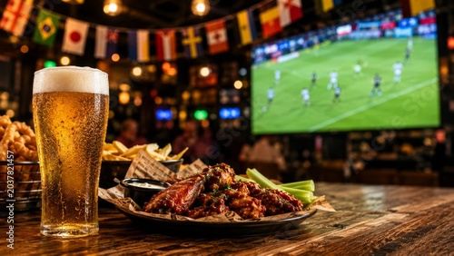 A frosty glass of lager beer on a wooden table in a lively sports bar, with delicious pub food like chicken wings and onion rings, against a blurred big screen showing a soccer match.