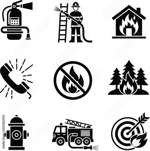 Fire safety icons set extinguishers firefighters emergencies and prevention