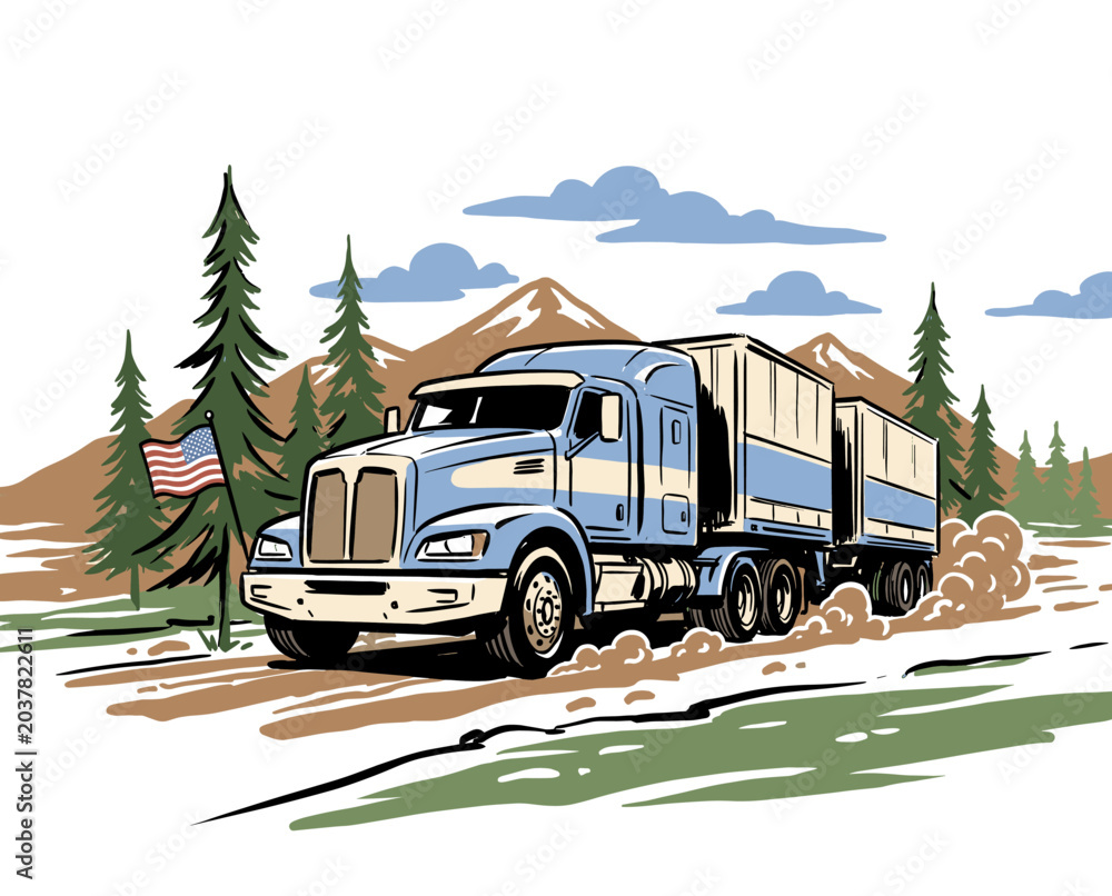 Obraz premium Semi truck driving on mountain road illustration. Heavy freight transportation concept. American patriotic trucking landscape. Blue big rig haul.