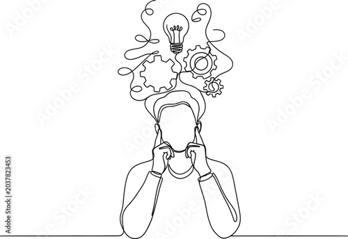 Foto Abstract idea generation, person with lightbulb and gears in continuous line art