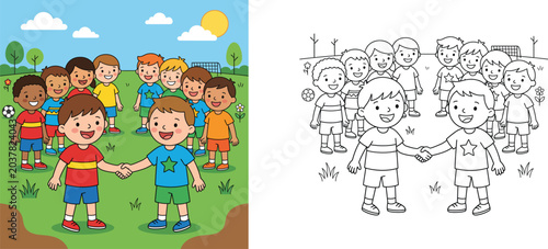 Bild auf Leinwand Children shaking hands on a soccer field, colored illustration and black and whi