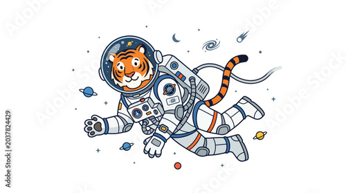 Cuadro en lienzo Cute Tiger Astronaut Floating in Outer Space Among Planets and Stars