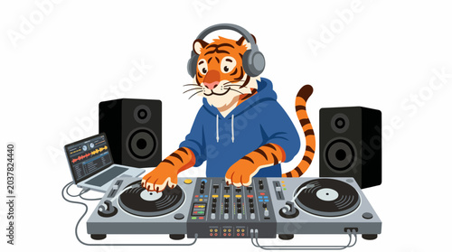 Cartoon Tiger DJ with Headphones Playing Music on Turntables and Laptop