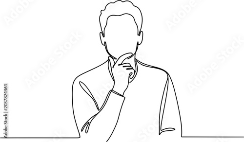 Photos Man thinking, one line drawing art, face in profile, isolated on white backgroun