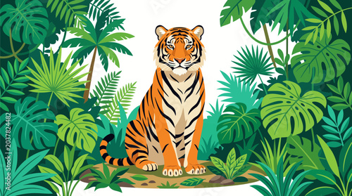 Majestic tiger sitting in lush green jungle foliage, vibrant wildlife illustration