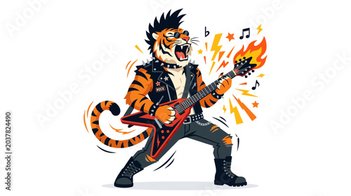 Punk Rock Tiger Playing Electric Guitar with Flames and Music Notes, Wild Energy