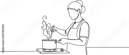 Foto Continuous line drawing of a woman cooking in a pot on a stove, steam rising