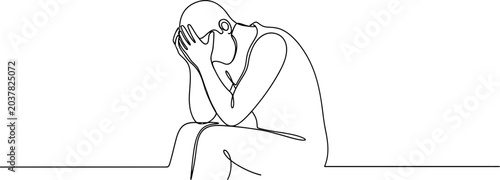 Konstfotografi Single Line Art of a Depressed Man Sitting with Head in Hands