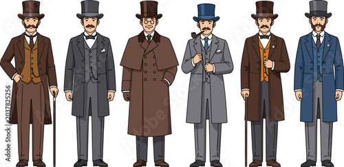 Foto Victorian gentleman character collection in vintage formal suits isolated vector