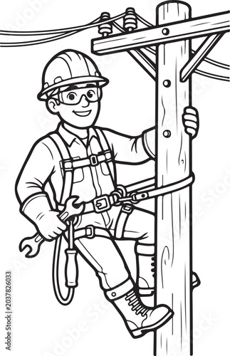 Electrician, worker, utility pole, lineman, illustration isolated on Transparent Background