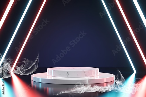 Neon lit marble podium with smoke effects