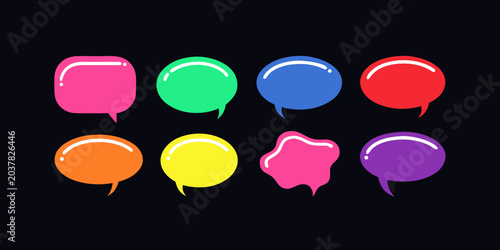 Collection of glass speech bubbles for messages with bright highlights isolated on a dark background. vector