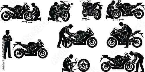 Bild auf Leinwand Motorcycle Repair and Riding Silhouette Collection with Mechanics Sport Bikes an