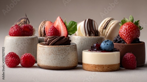 A premium stock-style image of desserts on a solid neutral background with clean lighting and minimal props