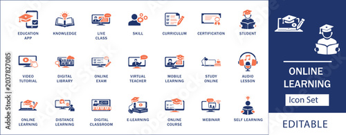 Cuadro en lienzo Online learning and digital education icon set
