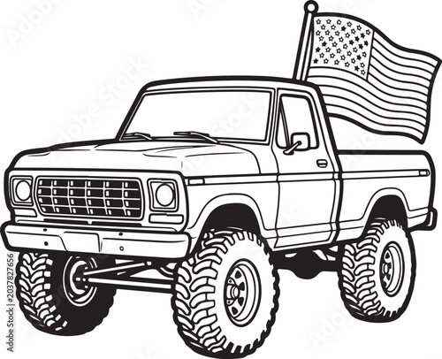 American Pickup Truck, Vintage Car, USA Flag, Vector Illustration isolated on Transparent Background