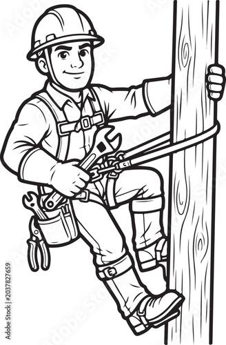 Electrician, lineman, utility worker, climbing pole isolated on Transparent Background