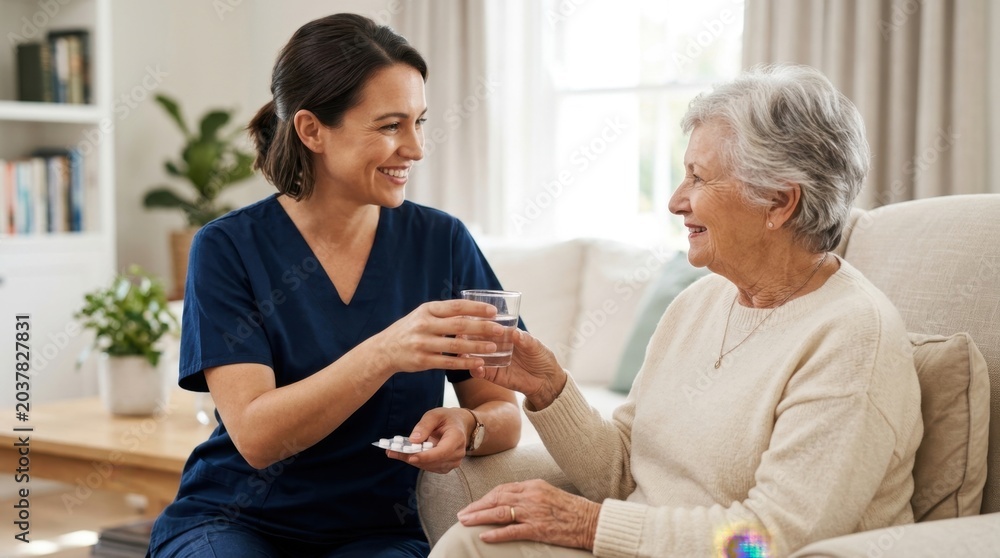Fototapeta premium A caregiver kindly providing medication and water to an elderly person in a bright and clean home environment.