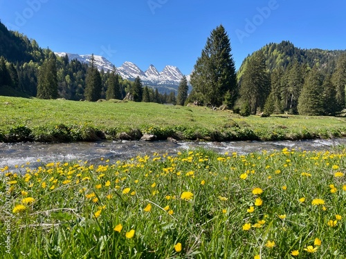 Panoramic view of the Churfirsten mountain range in the Swiss Alps, Toggenburg region, St. Gallen, Switzerland.