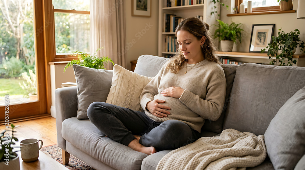 Fototapeta premium Young mother bonding with newborn baby on cozy couch in bright living room with natural light
