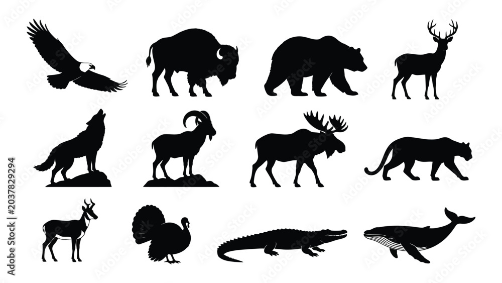 Naklejka premium Collection of black silhouettes of various wild animals on white background