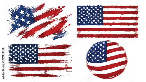 Set of four artistic grunge united states flag designs featuring various distressed brush stroke textures