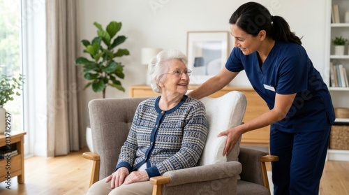 A professional caregiver adjusts an ergonomic pillow for an elderly person to ensure comfort and proper posture in a well-lit room.