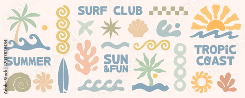 Obraz na plátně Retro surf graphic set with tropical coast icons,waves,sun,palm trees,seashells,surfboard,organic nature shapes and forms
