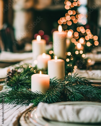 Cozy Holiday Candlelit Table Setting with Seasonal Greenery and Warm Glow