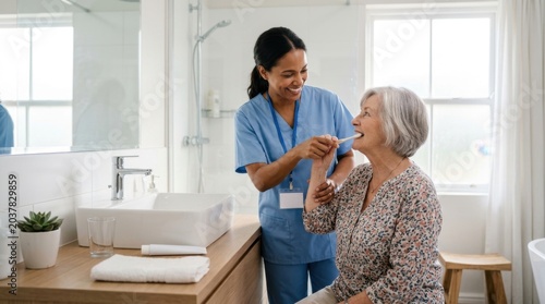A dedicated healthcare worker assists an elderly patient with gentle oral hygiene, maintaining comfort and dignity in a professional care setting.