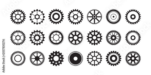Collection of diverse gears icons varied sizes shapes for engineering industry and mechanical applications.