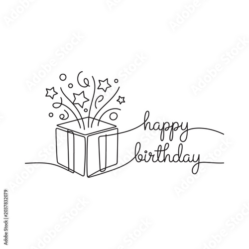 Open gift box with stars and celebratory text continuous line drawing