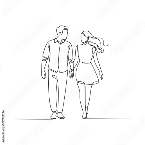 Couple walking hand in hand continuous line drawing style on white background