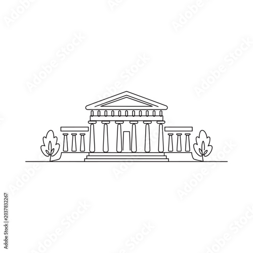 Classical building with columns line drawing on white background