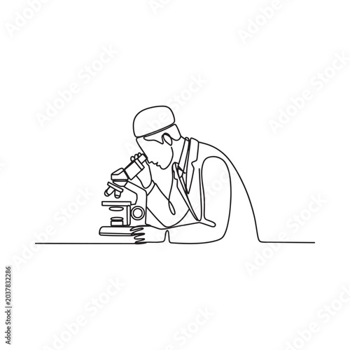 Scientist with microscope continuous line drawing on white background