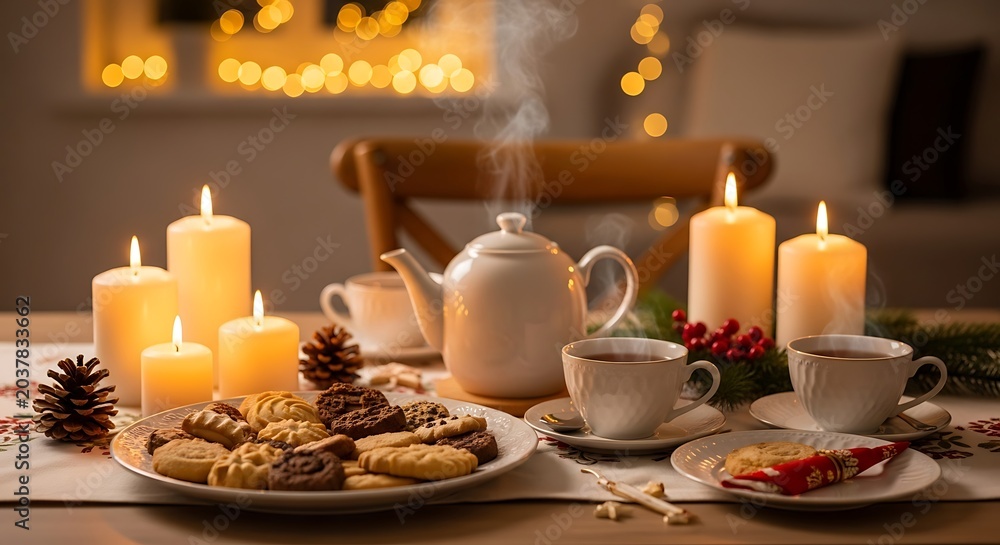 Fototapeta premium Cozy table setting with candles steaming teapot cookies for a relaxing tea time at home in the evening home life relaxation lifestyle beverage peaceful