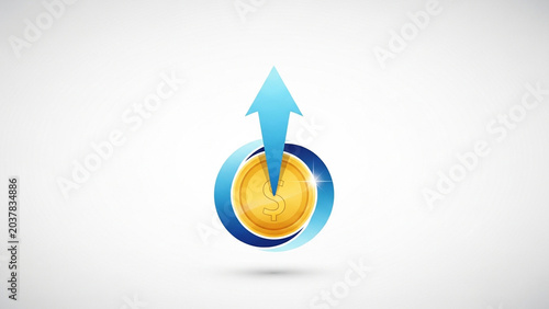 Gold Coin with Blue Arrow Pointing Up on White Background
