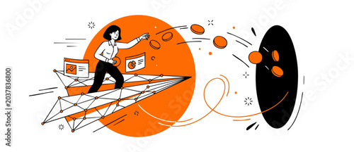 Tableau sur toile Businesswoman throwing coins financial loss while flying paper plane into black hole