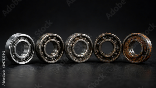 Five metal ball bearings with varying stages of rust and oxidation on black background oxidation corrosion mechanical engineering industrial degradation hardware component