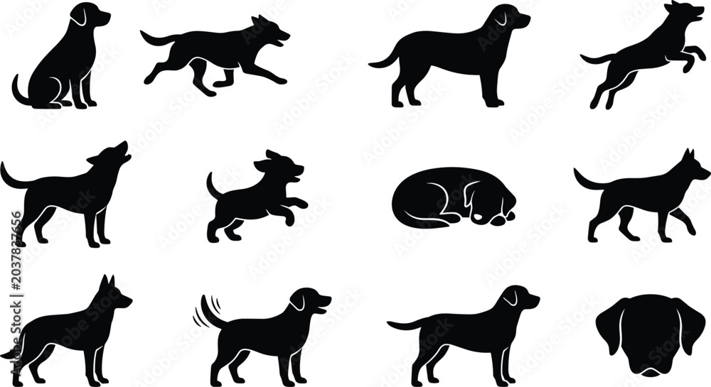 Obraz premium Black Silhouette Dog Poses and Breeds Icon Set with Sitting Running Jumping Sleeping and Standing Animal Symbols Vector