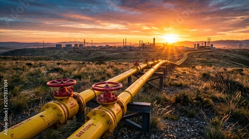 Yellow large gas pipe with red valve. Stock photo on the topic of gas sanctions	