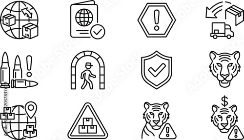 Tableau sur toile Custom regulations and illegal wildlife trade smuggling outline line icon set ve