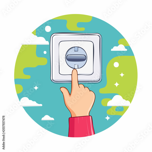 Hand pressing a light switch on a stylized Earth