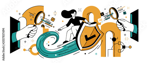 Photography Cybersecurity data protection woman surfing with shield flat vector illustrating digital privacy safety, internet firewall security, compliance audit, and online information risk management